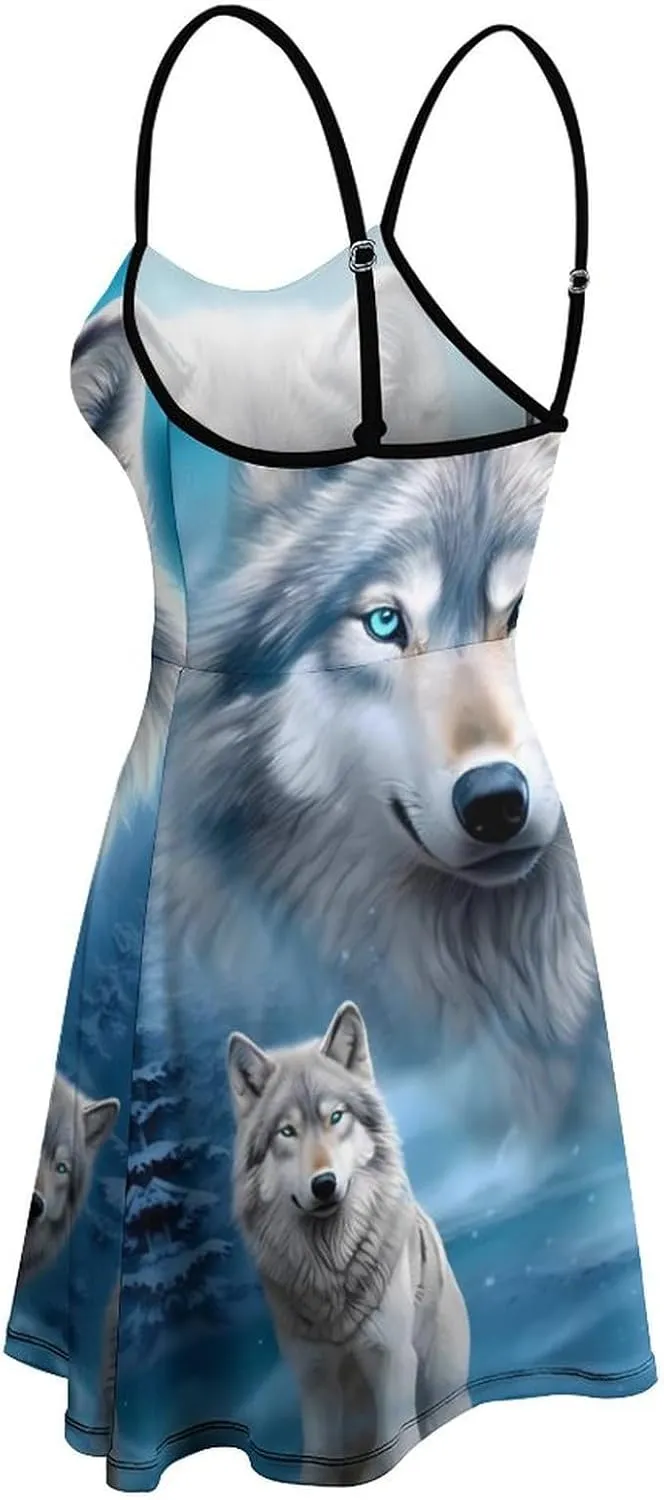 White Wolf Snow Moon Women 's Summer Sling Dress Beach Spaghetti Strap Swing Sundress Print Mini Dress Sleeveless
