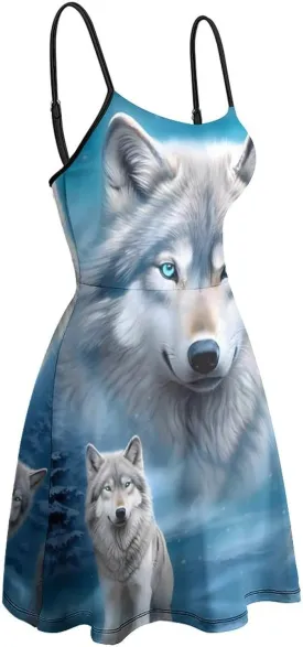 White Wolf Snow Moon Women 's Summer Sling Dress Beach Spaghetti Strap Swing Sundress Print Mini Dress Sleeveless