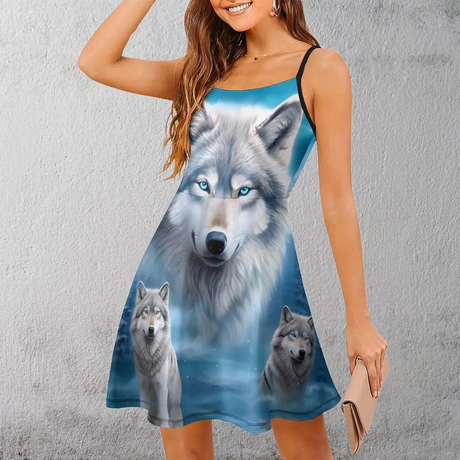 White Wolf Snow Moon Women 's Summer Sling Dress Beach Spaghetti Strap Swing Sundress Print Mini Dress Sleeveless