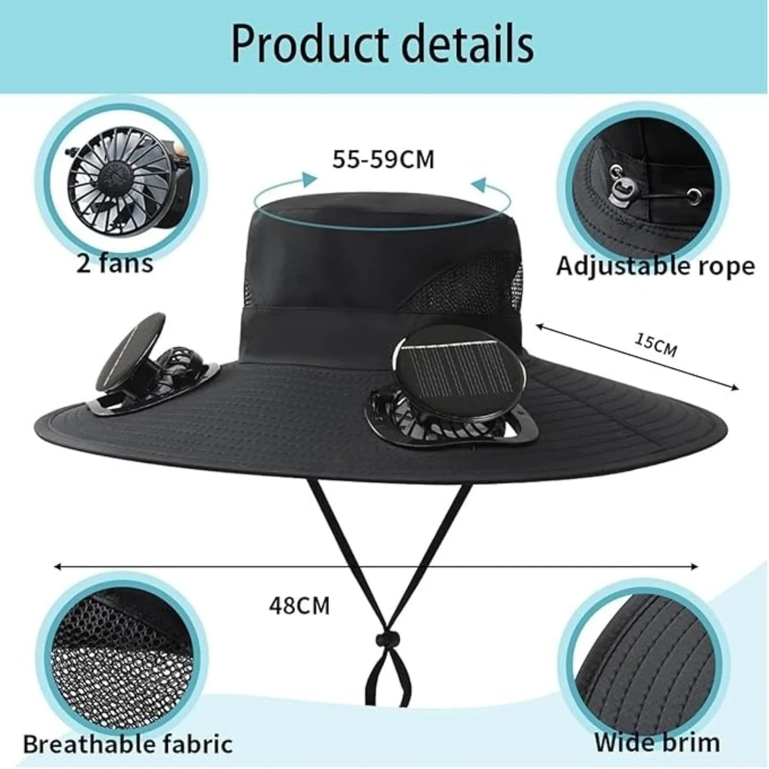 Wide Brim Solar Fan Hat for Men Women, Hat with Fans Solar Power, Removable & USB Charging Fan, Sun Hats Fishing