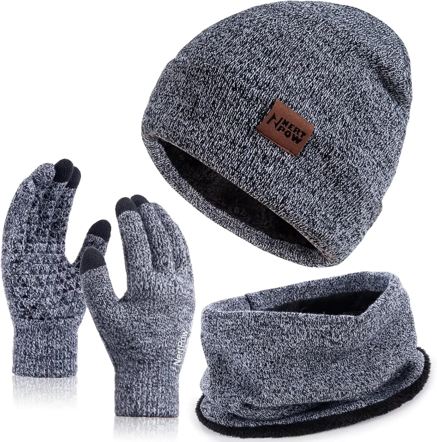 Winter 1-3 PCS Beanie Hat Gloves Scarf For Men And Women, Knit Fleece Lined Warm Touchscreen Gloves Beanie Infitiny Scarf Set