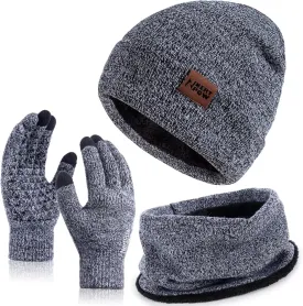Winter 1-3 PCS Beanie Hat Gloves Scarf For Men And Women, Knit Fleece Lined Warm Touchscreen Gloves Beanie Infitiny Scarf Set