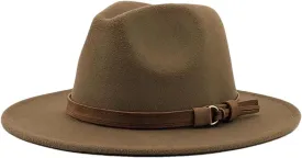 Women Men Fedora Hat with Leather Ribbon Gentleman Wide Brim Jazz Church Panama Sombrero Cap Khaki 58-61CM