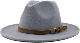 Women Men Fedora Hat with Leather Ribbon Gentleman Wide Brim Jazz Church Panama Sombrero Cap Light gray9 58-61CM