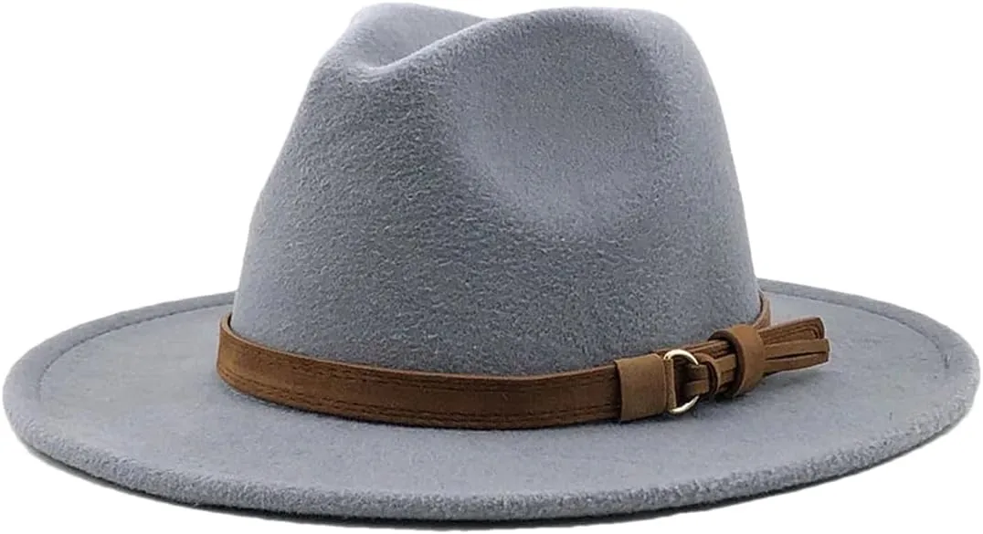 Women Men Fedora Hat with Leather Ribbon Gentleman Wide Brim Jazz Church Panama Sombrero Cap Light gray9 58-61CM