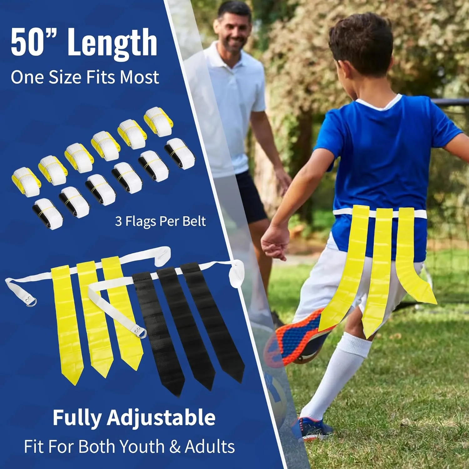 WYZworks 12 Player Adjustable Flag Football Youth/Adult Set, 3 Flags per Belt, Side Release Buckle, 36 Flags, 6 v 6 Set