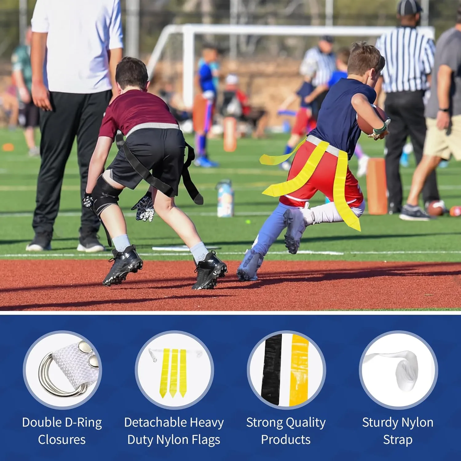 WYZworks 12 Player Adjustable Flag Football Youth/Adult Set, 3 Flags per Belt, Side Release Buckle, 36 Flags, 6 v 6 Set